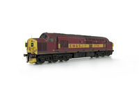 A picture of 37114 converted to cutaway nose end with body modifications including plated over boiler ports, full respray into EWS livery, detailed buffer beam at one end, finer ariels, driver fitted, nose end etched air horns and headcode surrounds (different at each end), etched fan and grill, bogie mod to reduce gap between body and bogies, snowploughs, battery box modification, etched nameplates and oval buffers 