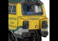 A picture of 70003 with detailed buffer beam at one end and semi detailed at coupling end, snowploughs mounted on cab, driver fitted, long pipe added to underframe, short pipes to the sandboxes and a multitude of extra detail added to the top of the bogie frames and bottom of the running plate.