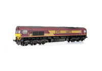 A picture of 66075 with faded paintwork. Moulded front handrails replaced with wire versions including pommels, springs added to bogie frames, front lashing eyes removed and moved, moulded steps below doors replaced with wire versions, moulded roof grill replaced with etched version including pipes under the mesh, renumbered, detailed buffer beam at one end and semi detailed at coupling end, coupling converted to NEM version, driver fitted and wing mirrors added