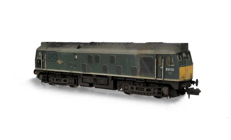 D5132 conversion to a headcode box version with seemed end door including centre headlights, small yellow warning panels, battery box modification with shorter tank, semi detailed buffer beam at both ends, renumbered, weatherised headcode panel, tablet ca