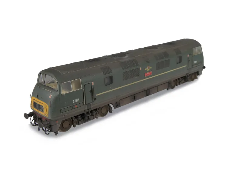 D807 Details include moulded nose end handrails replaced with wire, detailed buffer beam at one end and semi detailed at coupling end, etched nameplates/workplates, renumbered, driver, holes added to wheels and moulded roof grills replaced with 3D etched 