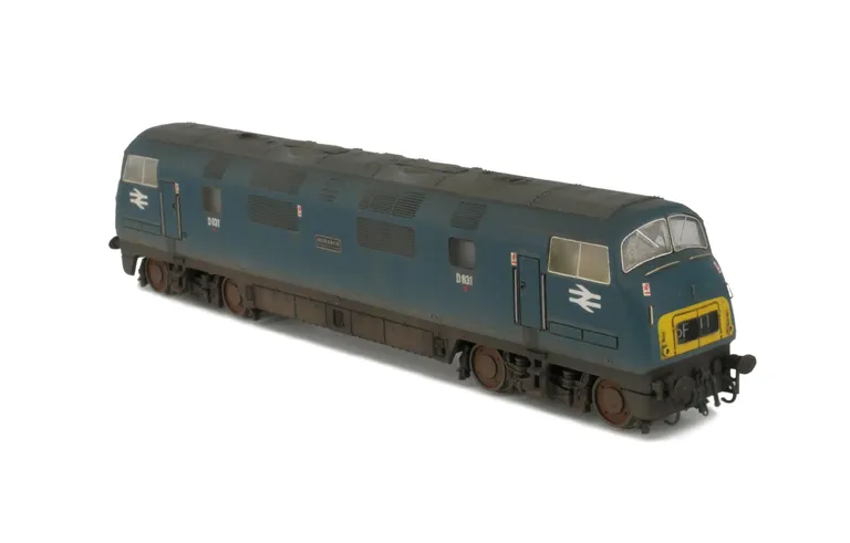 D831 with respray to experimental BR Blue, moulded nose end handrails replaced with wire, detailed buffer beam at one end and semi detailed at coupling end, etched nameplates/workplates, renumbered, driver, holes added to wheels and moulded roof grills re