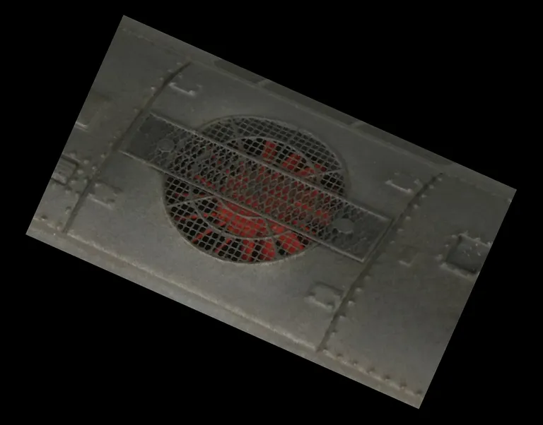 Close up of etched fan and grills