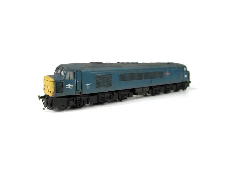 45012 Full respray into BR Blue with plated over headcode conversion, renumbered, slimmed down bogies, detailed buffer beam at one end, 'painted on' Tinsley nameplate, plated over body grill and smoothed down plated over body steps on one side.