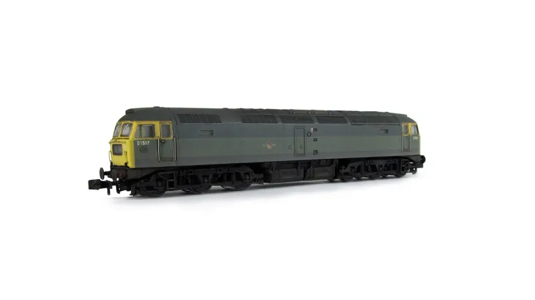 D1517 showing a partial respray into full yellow ends. Other details include: semi detailed buffer beam at both ends, moulded nose handrails replaced with wire, headcode changed, renumbered, moulded roof grills replaced with etched fan and grill, etched w