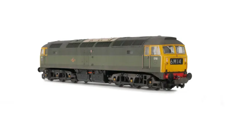 D1715 weatherd to resemble unusual prototype pictures where ex works elements mix with weathered areas, Details include: Semi detailed buffer beam at both ends, chalk marks on bogies, nose ends resprayed to full yellow, etched work plates, renumbered, hea