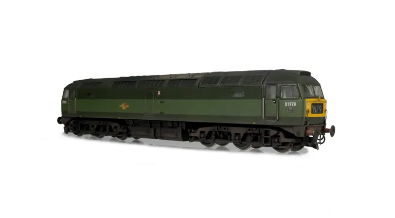 D1779 with detailed buffer beam at one end and semi detailed at coupling end, moulded nose handrails replaced with wire, body lowered, driver fitted, nose catch, etched work-plates and moulded roof grills replaced with etched 3D fan and grill.