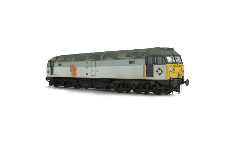 47152 Full respray into faded Railfreight livery. Details include heavy fading, finer ariels, body lowered, etched fan and grills, renumbered, detailed buffer beam at one end, moulded nose handrails replaced with wire including pommels, etched plaques and