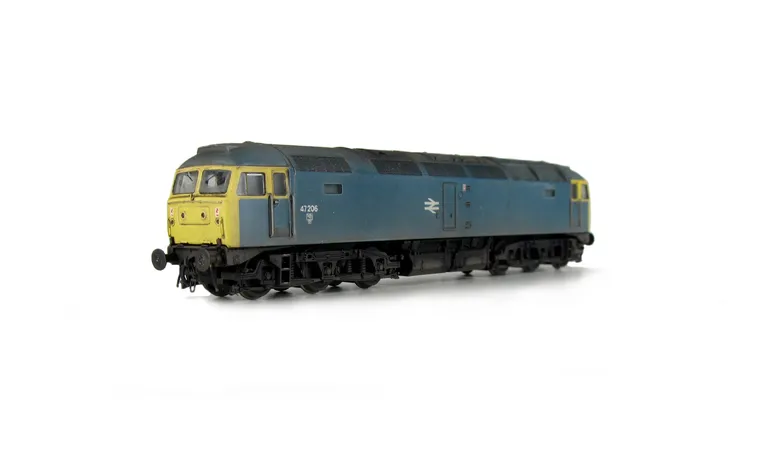 47206 with faded paintwork, driver, body lowered, renumbered, detailed buffer beam at one end, moulded nose handrails replaced with wire including pommels, etched fan and grill and nose catch added.