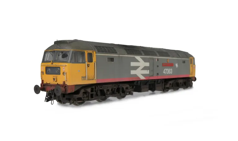 47363 with livery modifications of red and white stripe added, detailed buffer beam at one end, moulded nose handrails replaced with wire, body lowered, driver fitted, nose catch and etched nameplates.