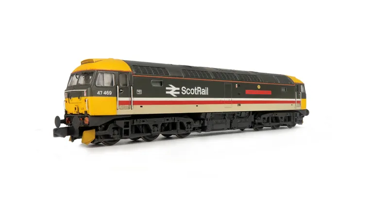 47469 on lowered chassis in ex works condition. Details include: renumbered, snowploughs, relivery to Scotrail, livery modifications, semi detailed buffer beam at both ends, etched nameplates, lamp bracket, aerials removed, moulded nose handrails replaced
