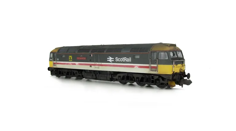 47541 re-livery to Scotrail with semi respray of yellow adjustment shown on a lowered chassis. Details include: special effects on one side showing distressing, snowploughs, etched nameplates and plaque, finer aerials, renumbered, semi detailed buffer bea