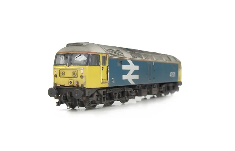 47571 with full respray to BR Large Logo. Details include; aerial taken off and smoothed over, body lowered, etched fan and grills, renumbered, detailed buffer beam at one end and semi detailed at coupler end, molded nose handrails replaced with wire incl
