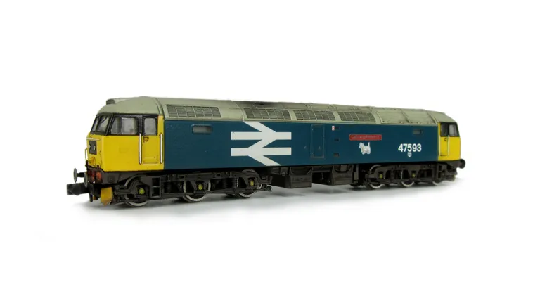 47593 on lowered chassis. Details include: close to ex works condition, renumbered, snowploughs, arrows moved to correct position, black window edging extended as per prototype, semi detailed buffer beam at both ends, moulded nose handrails replaced with 