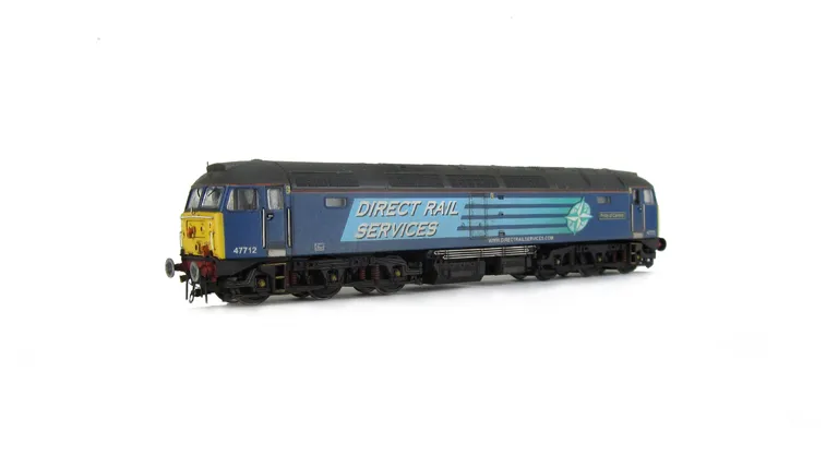 47712 showing a full respray into DRS livery. Other details include: modified battery box, detailed buffer beam at one end and semi detailed at coupling end, pipe on nose, moulded nose handrails replaced with wire, renumbered, driver fitted, etched namepl