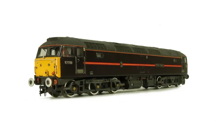 47799 Full respray into Royal train livery. Details include: finer aerials, body lowered, etched fan and grills, renumbered, modified one end to flush front. extra kick plates, rch cable on nose, driver, detailed buffer beam at one end and semi detailed a