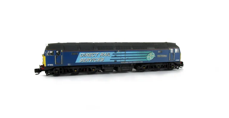 47712 showing a full respray into DRS livery. Other details include: modified battery box, semi detailed buffer beam at both ends, indented pipe on nose, moulded nose handrails replaced with wire, renumbered, driver fitted, etched nameplates, body lowered