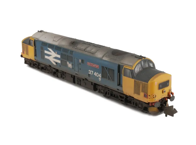 37404 with full respray into Large Logo livery. Other Details include: bogie modification to reduce gap between body and bogies, snowploughs, moulded roof grill replaced with 3D etched fan and grill, speedo cable added, semi detailed buffer beam at both e