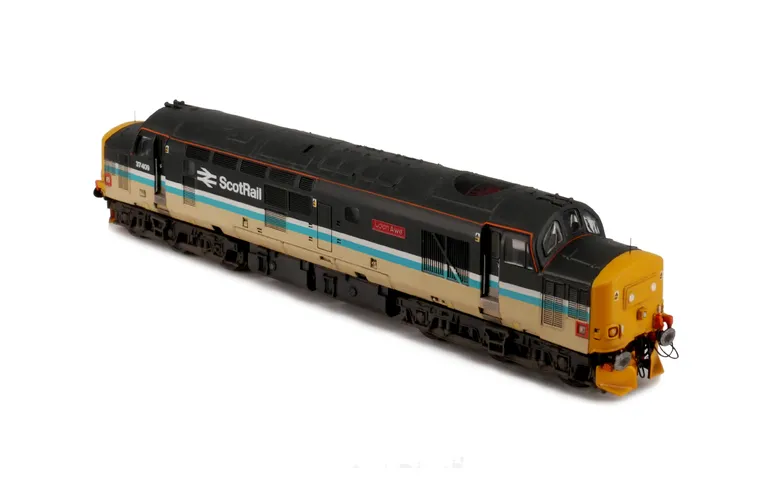 37409 with full respray into Scotrail livery close to ex works. Other Details include: finer aerials, bogie modification to reduce gap between body and bogies, snowploughs, moulded roof grill replaced with 3D etched fan and grill, speedo cable added, kick