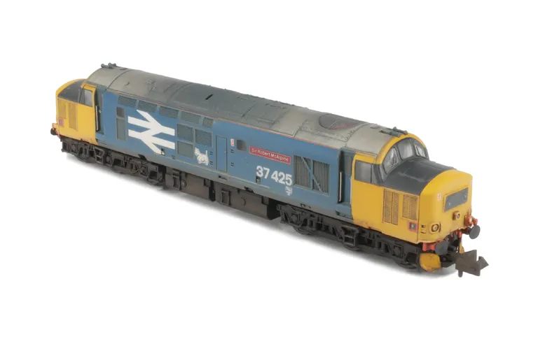 37425 with full respray into Large Logo livery. Other details include: bogie modification to reduce gap between body and bogies, aerial taken off, black headcode panels, cantrail, snowploughs, moulded roof grill replaced with 3D etched fan and grill, spee