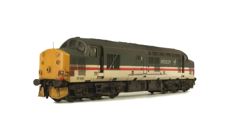 37505 with full respray into faded Intercity livery. Other details include bogie modification to reduce gap between body and bogies, moulded roof grill replaced with 3D etched fan and grill, finer aerial added, speedo cable added, driver, renumbered, deta