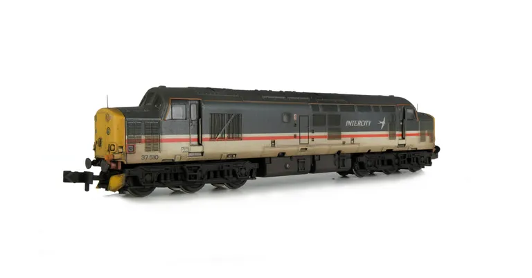 37510 with full respray into Intercity livery. Other details include bogie modification to reduce gap between body and bogies, finer aerial added, speedo cable added, renumbered, semi detailed buffer beam at both ends and snowploughs.