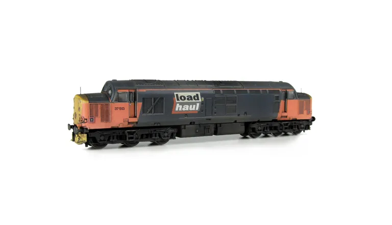 37513 with full respray into Loadhaul livery including faded paint. Other details include bogie modification to reduce gap between body and bogies, battery box modification, finer aerial, speedo cable added, rectangular buffers at one end, driver, renumbe