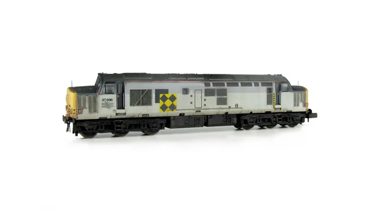 37696 with faded paint and re-livery to coal sector. Other details include bogie modification to reduce gap between body and bogies, nose catches, finer aeria, speedo cable added, moulded roof grill replaced with etched fan and grill, renumbered, detailed
