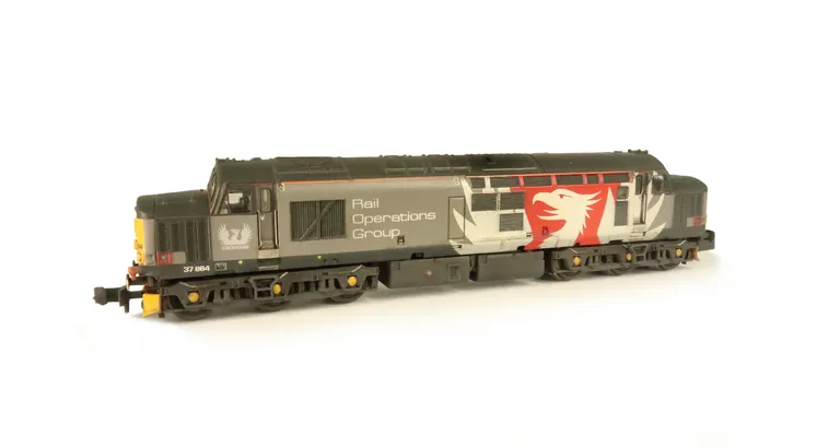 37884 with full respray into Europhoenix livery. Modifications include; body window plated over. Other Details include bogie modification to reduce gap between body and bogies, moulded roof grill replaced with 3D etched fan and grill, speedo cable added, 