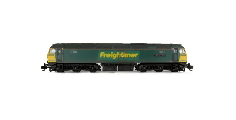 57002 with moulded roof grill replaced with etched fan and grill, renumbered, driver, moulded front handrails replaced with wire including pommels, body lowered, detailed battery box, etched nameplates, semi detailed buffer beam at both ends and finer ari
