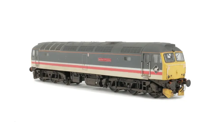 57305 with full respray into fantasy Inter City livery, Details include: moulded roof grills replaced with etched fan and grill, snowploughs, renumbered, driver, moulded front handrails replaced with wire including pommels, body lowered, converted battery