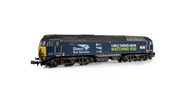 57307 re-livery to DRS 'Cable Thieves'. Details include: moulded roof grill replaced with etched fan and grill, renumbered, driver, moulded front handrails replaced with wire including pommels, body lowered, converted battery box, semi detailed buffer bea