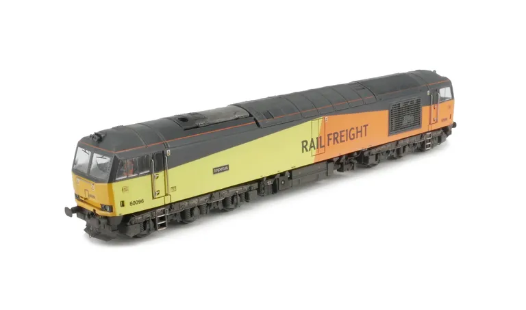 60096 with debranded Colas logos, Other details include: detailed buffer beam and semi detailed detailed buffer beam at the coupling end, snowploughs fitted at coupling end with notch for couplers, white piping added to bogies, driver fitted, etched plate