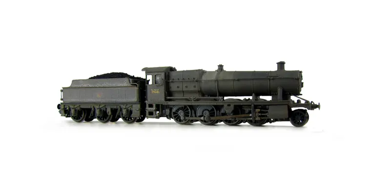 3832 heavily weathered. Added details include: molded coal replaced with real coal, loco crew added, etched depot plaques/work plates, crest on tender changed to later version, buffer beam squared off and detail added.