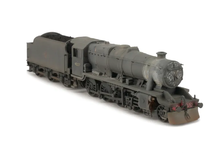 48257 heavily weathered. Added details include: renumbered, moulded coal replaced with real coal, loco crew added, etched depot plaques and work plates, extra details added, snowploughs, detailed buffer beam at one end and end of line writing added to smo