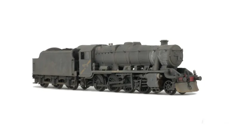 48773 heavily weathered. Added details include: renumbered, under the wires yellow stripe added, moulded coal replaced with real coal, loco crew added, etched depot plaques and work plates, extra details added, snowploughs and detailed buffer beam.