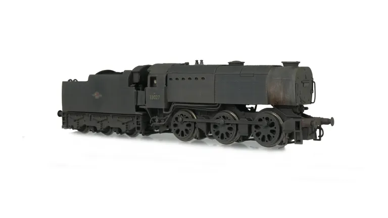 33027 Heavily weathered with special effects.  Added details include: train crew, moulded coal replaced with real coal, renumbered, later BR crests and detailed buffer beam at one end.