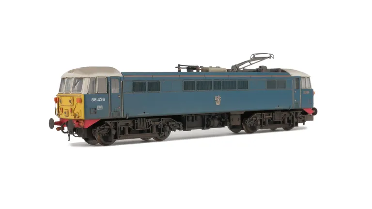 86426 Full respray to BR Blue with white roofs. Other details include: renumbered. moulded front end detail replaced with etches and wire along with extra detail for a 86/4, brass buffers, driver, pantograph replaced, pommels added to nose end handrails, 