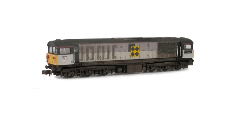 58019 with semi respray of grey bands to correct faded shades, renumbered, re livery to coal sector, etched nameplates and plaques, semi detailed buffer beams at both ends and moulded roof grills replaced with 3D etched fan and grill.