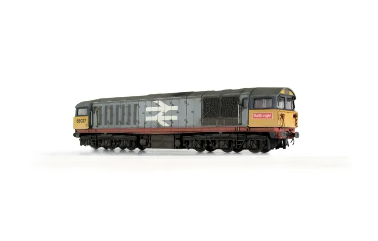 58027 with livery errors corrected, faded paintwork, mu sockets and nose handrails replaced with finer versions, pommels added to nose handrails, side handrails, renumbered and detailed buffer beam at one end
