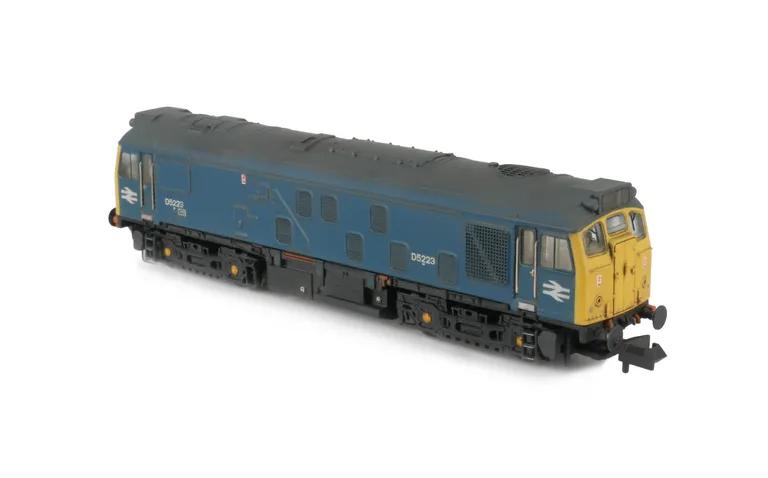 D5223 Full respray to BR Blue. Other details include: body steps plated over, finer nose end handrails, semi detailed buffer beam at both ends, renumbered, etched workplates, etched 3D roof grill with fan, headcodes changed, speedo cable added and battery