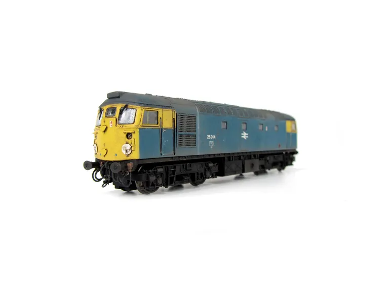 26014 Conversion to disc headcode version, full respray into correct shades, renumbered, disc catches, special effect of paint peeling on doors, tapered steps with leaf spring bogies, brass oval buffers, straight framed side windows, speedo cable, removed