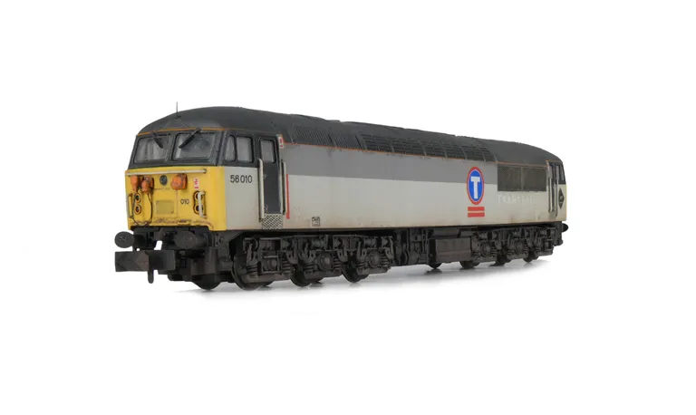 56010 with semi respray of grey bands to correct shades and relivery to Transrail. Details include; renumbered, brass buffers, etched depot plaques and symbols and aerials added.