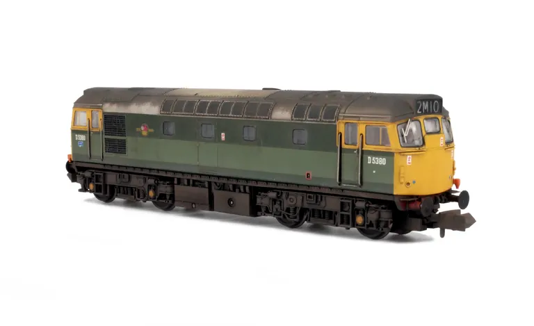 D5380 with semi respray of green bands and full yellow ends. Brass buffers added, etched windscreen wipers, etched work plates, moulded roof grill replaced with 3D etched fan and grill, modified battery box, renumbered, headcode changed with glass like co
