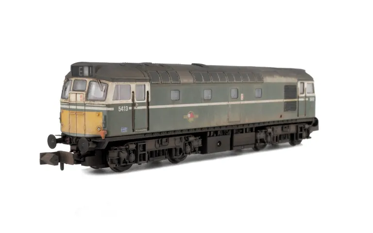 D5413 Heavily weathered with faded body, etched windscreen wipers, brass buffers added, etched work plates, moulded roof grill replaced with 3D etched fan and grill, modified battery box, renumbered, headcodes changed with glass like cover, speedo cable, 