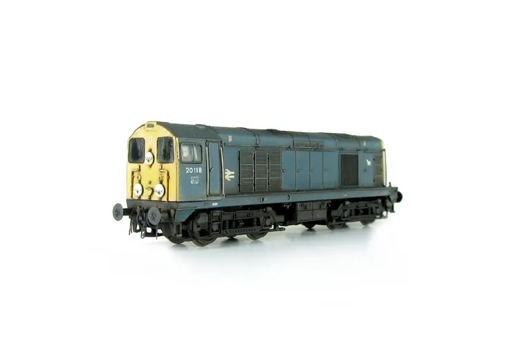 20118 with faded paintwork, driver fitted, cab and nose ends detailed with fine discs and holes filled with respray of yellow, roof grills replaced with much finer etched fan and grill, bogie modification to reduce the gap between body and bogies, renumbe