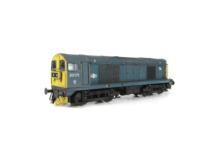 20171 with cab end plate modifications. Roof grills replaced with much finer etched fan and grill, bogie modification to reduce the gap between body and bogies, renumbered, snowplough, horn grill covers made finer, detailed buffer beam at one end and semi