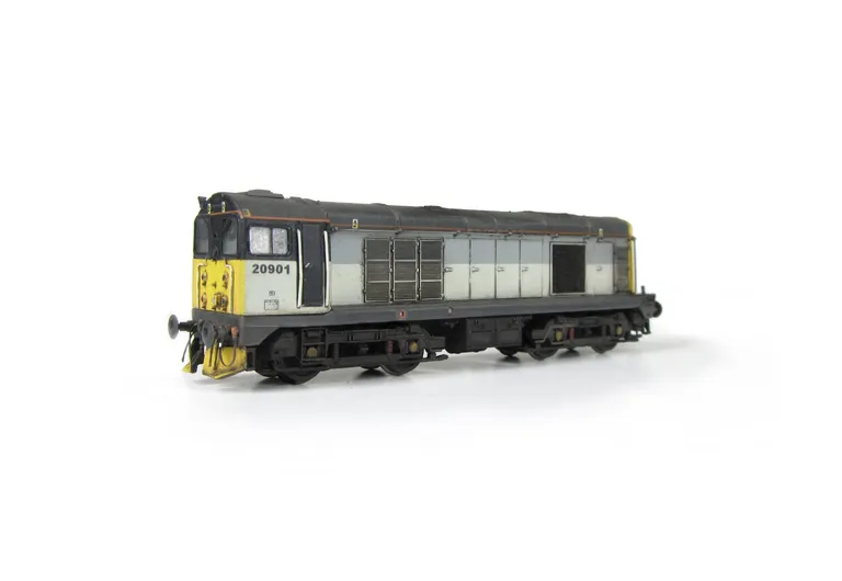 20901 Converted to a 20/9 with full respray into Railfreight livery. Added details include: renumbered with cab and nose ends detailed with holes filled, roof grills replaced with much finer etched fan and grill, bogie modification to reduce the gap betwe