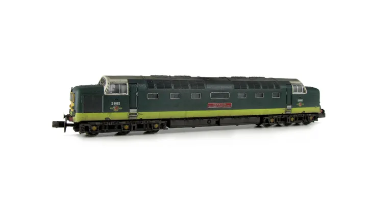 D9002 with faded paintwork, driver, semi detailed buffer beam at both ends, bogie modification to reduce gap between body and bogies and etched workplates and nameplates added.