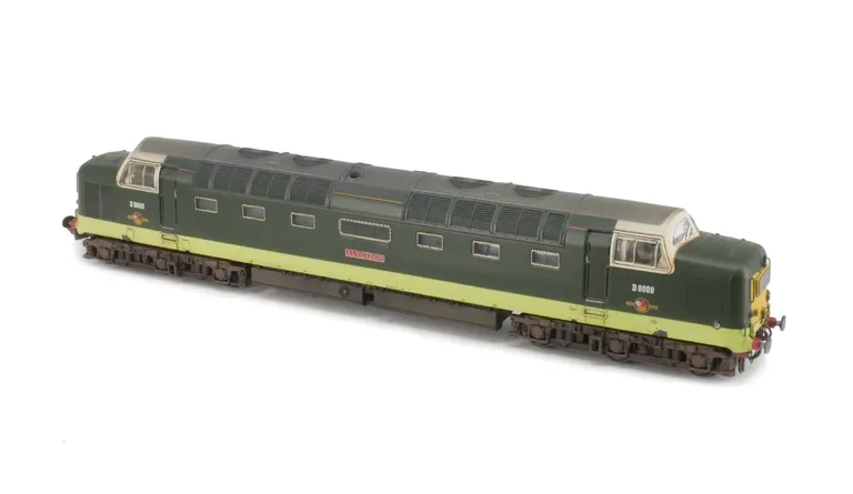 D9009 Details include: etched work plates, later warning flashes, cantrail, headlight added, finer nose end handrails, driver, detailed buffer beam at one end and semi detailed at coupling end, bogie modification to reduce gap between body and bogies, roo